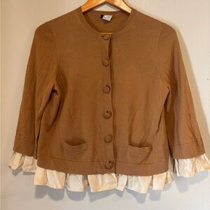 J. crew Brown Button-Up cardigan with Ruffle Trim